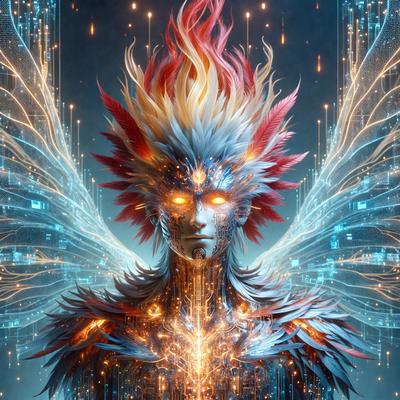 The primary subject of the image is a digital artwork of a person with a unique and intricate design. The person has a mix of blue, red, and yellow colors, giving the artwork a vibrant and lively appearance. The setting is a futuristic environment, with the person surrounded by a backdrop of blue and white lights. The visual style of the artwork is digital, showcasing the artist's creativity and skill in crafting a captivating and eye-catching image.